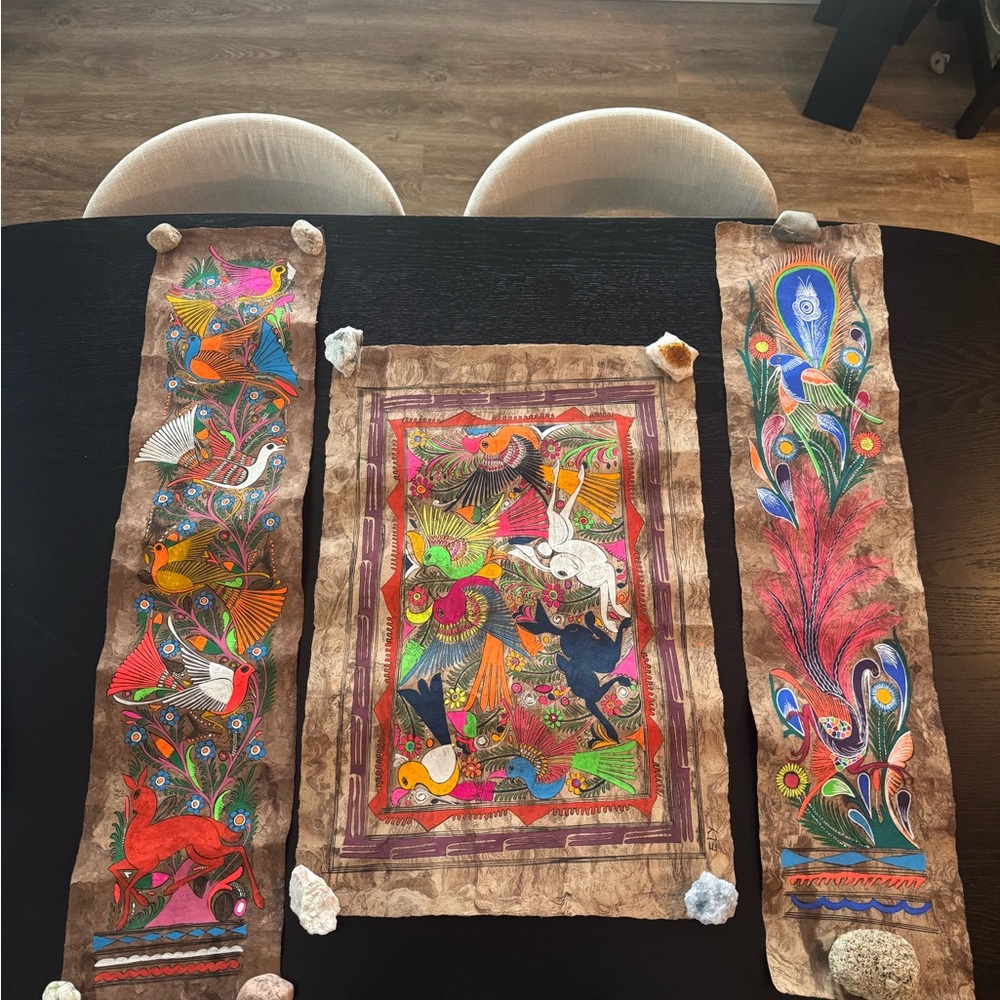 Set of 3 Vintage Mexian Amate Folk Art Paintings on bark
